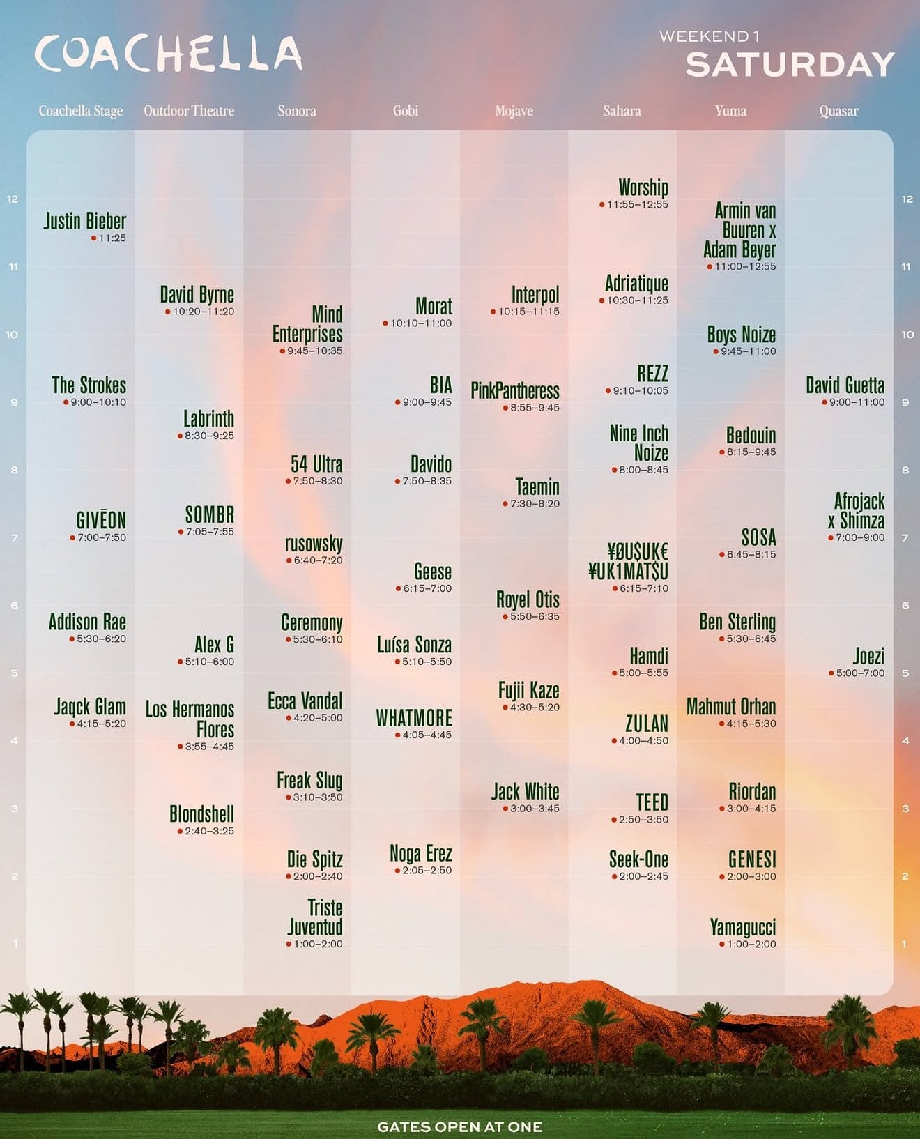 Datos del sábado. Los calendarios de programación detallan horarios y escenarios para cada presentación.(Créditos: X)