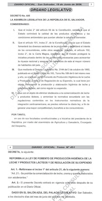 El Salvador habilita la venta de lácteos elaborados con leche en polvo reconstituida. Imagen muestra la oficialización del decreto legislativo a través de su publicación en el Diario Oficial.