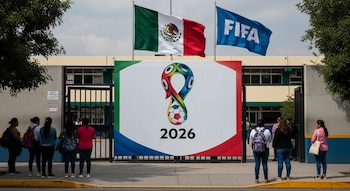 Fachada de escuela primaria en México con un gran cartel del logo del Mundial 2026, banderas de México y FIFA, y familias observando afuera.