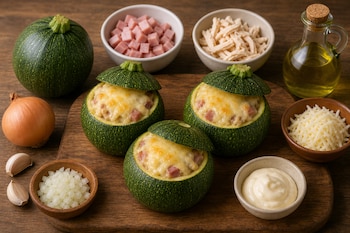 Tres zapallitos rellenos con queso gratinado sobre una tabla de madera, rodeados por cuencos con jamón, pollo desmenuzado, cebolla y aceite.