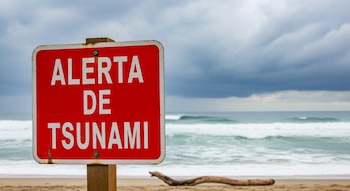 Un letrero rojo con las palabras "ALERTA DE TSUNAMI" en blanco sobre un poste de madera en una playa de arena. Al fondo, el mar y un cielo gris.