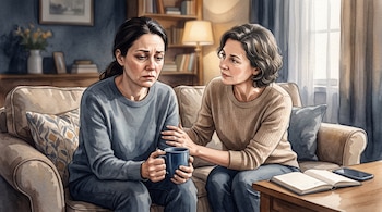 Ilustración de dos mujeres en un sofá; una sostiene una taza y la otra apoya la mano en su brazo, junto a una mesa con libreta y teléfono.
