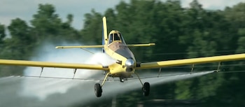 Avioneta amarilla con franjas negras volando bajo, rocía un líquido blanco desde sus alas. Fondo con árboles verdes