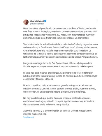 “No hay posibilidad que la vida humana prospere matando animales, contaminando el agua, talando bosques, agotando recursos, secando la tierra o extenuando la vida en el mar y los ríos. Apoyo la valentía y la determinación de la fiscal Gómez. Necesitamos muchos más como ella”, cerró.