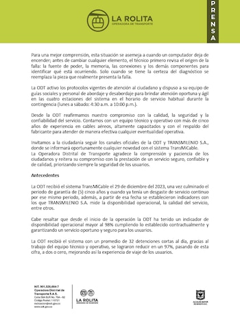 TransMiCable reanudará sus servicios apenas puedan realizar el remontaje de los componentes que fallaron - crédito La Rolita - TransMilenio