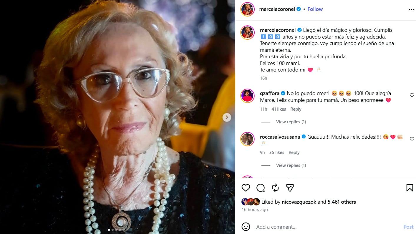 Marcela Coronel celebró el cumpleaños número 100 de su madre con una dedicatoria pública en sus redes sociales
