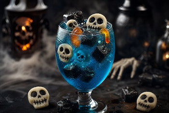 Copa con líquido azul, cubos de hielo negro, gomitas y figuras de calaveras sobre una superficie oscura con adornos.