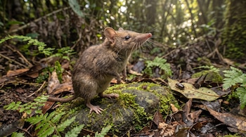 Pequeño mamífero con hocico puntiagudo, pelaje marrón, cola larga, sobre roca cubierta de musgo en un bosque con hojas secas y helechos.