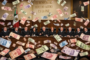 Miembros del Pleno de la SCJN sentados en una mesa de madera mientras billetes de pesos mexicanos caen a su alrededor, con la bandera de México al fondo.