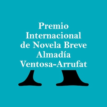 Texto blanco sobre fondo turquesa que menciona el Premio Internacional de Novela Breve Almadía Ventosa-Arrufat sobre dos siluetas negras
