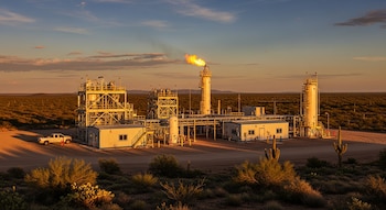 Una planta de gas natural con edificios, tuberías, una llama de flameo y un camión blanco, en un paisaje desértico con cactus y arbustos bajo un cielo de atardecer naranja y azul.