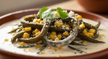 Un plato de rajas de chile poblano en salsa cremosa con granos de elote, queso desmoronado y una ramita de cilantro sobre un recipiente de barro.