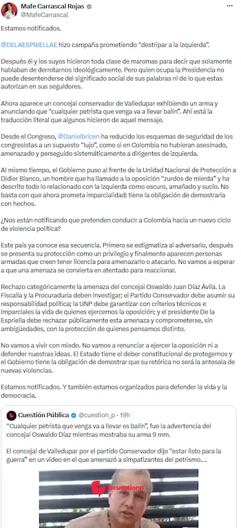 Mafe Carrascal alertó sobre escalada verbal oficialista y advirtió riesgos de la retórica presidencial - crédito @MafeCarrascal/X