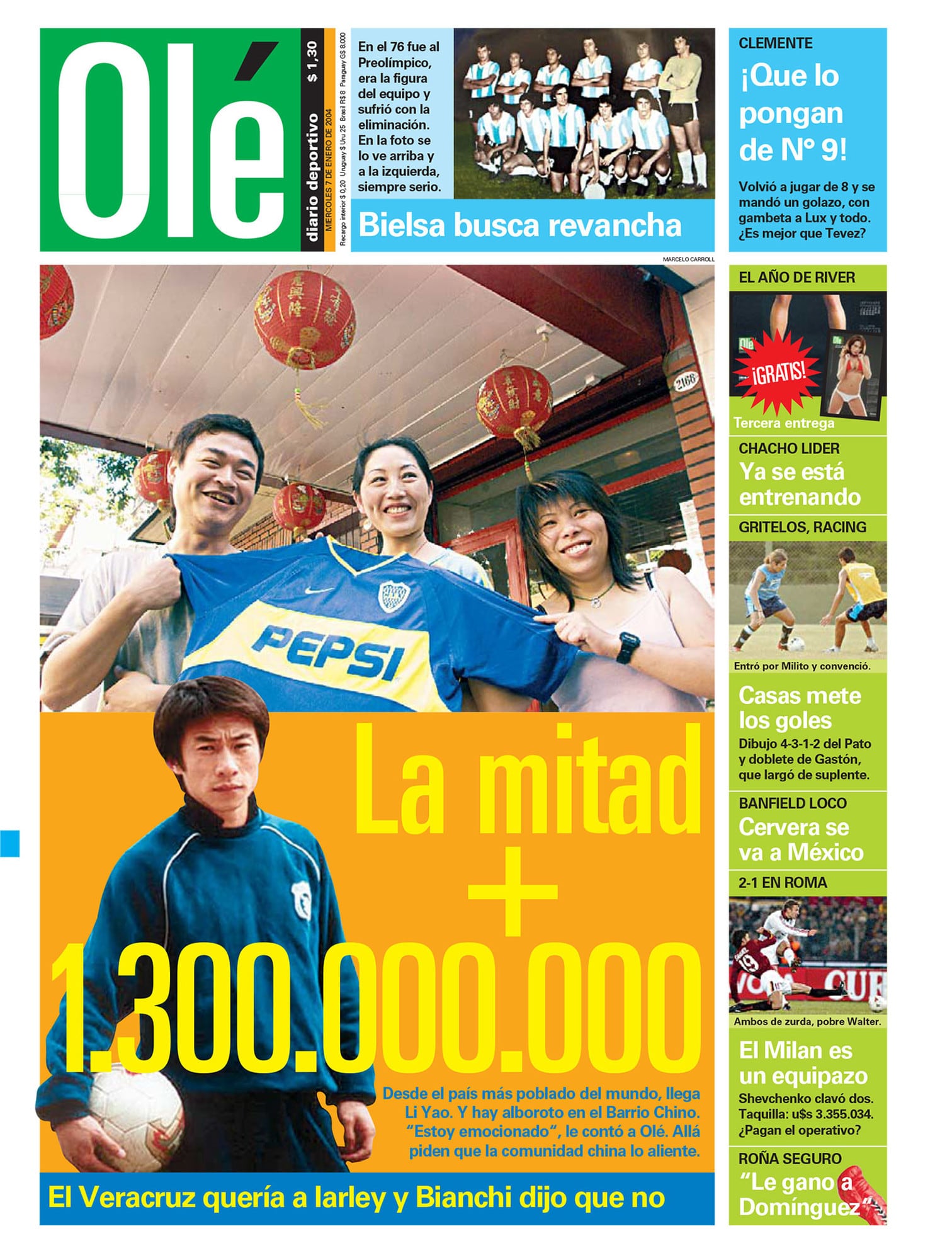 La tapa del diario Olé en la que anunciaron la llegada del chino Li Yao a Boca Juniors (7 de enero de 2004)