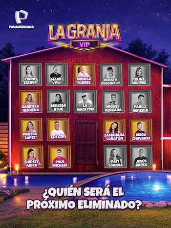 Imagen promocional de 'La Granja VIP' con un granero rojo que muestra 16 retratos de participantes. Abajo, una piscina iluminada y la pregunta '¿QUIÉN SERÁ EL PRÓXIMO ELIMINADO?'