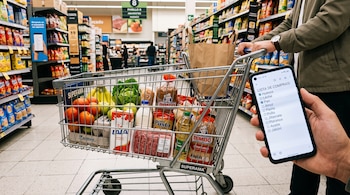 Un carrito de supermercado con frutas, verduras, leche y pan junto a una mano que sostiene un teléfono móvil con una lista anotada.