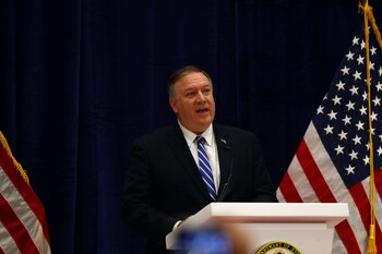 U.S. Secretary of State Mike Pompeo speaks during a news conference after a signing ceremony between members of Afghanistan's Taliban delegation and U.S. officials in Doha, Qatar February 29, 2020. REUTERS/Ibraheem al Omari