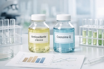 Dos frascos de vidrio con etiquetas "Antioxidante clásico" y "Coenzima Q", rodeados de tubos de ensayo, una placa de Petri y hojas con gráficos en una mesa de laboratorio.