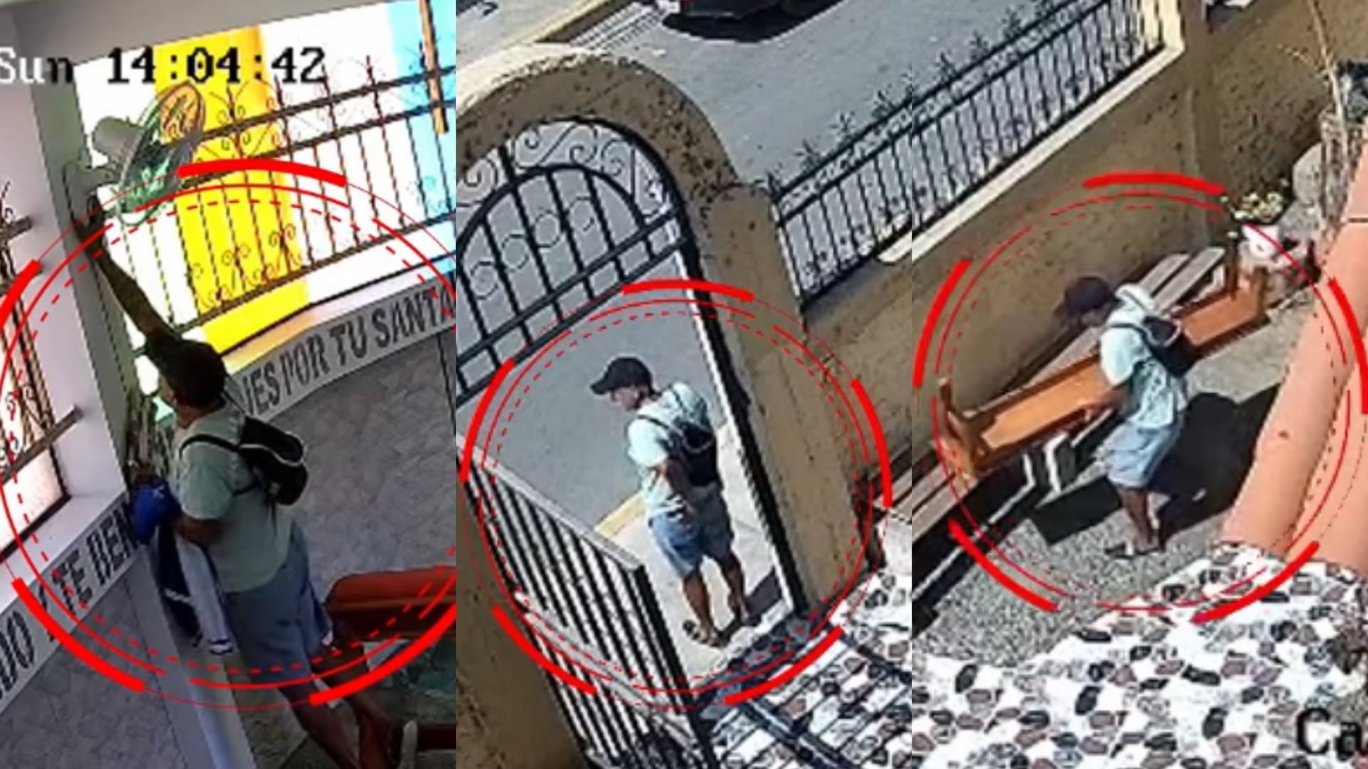 Un sujeto sustrae una banca de madera en la capilla de la parroquia San Francisco de Asís en Chimbote tras intentar manipular un ventilador. (Composición: Infobae Perú)