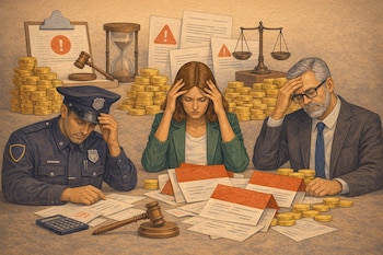 Un policía, una mujer y un hombre de traje están sentados en una mesa con documentos, pilas de monedas, una balanza, un mazo, un reloj de arena y una calculadora.