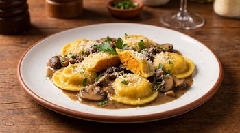 Plato con ravioles rellenos de pasta naranja, salsa marrón con champiñones laminados, queso rallado y perejil sobre una mesa de madera.
