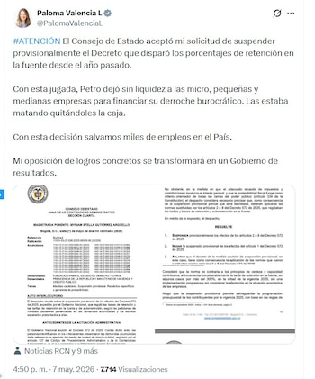 Paloma Valencia sostuvo que la medida afectaba la liquidez de micro, pequeñas y medianas empresas - crédito @PalomaValenciaL/X
