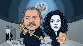 Caricatura de Daniel Ortega con cetro y Rosario Murillo con carpeta 'ILEGITIMIDAD' frente a símbolo de OEA, puerta 'EXILIO' y cadenas rotas.