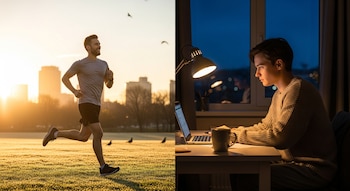 Fotografía dividida que muestra a una persona haciendo ejercicio al amanecer y a otra trabajando con una computadora por la noche, ilustrando los cronotipos matutino y nocturno.