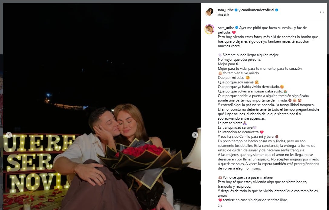 Antes de confirmar su relación, Sara Uribe reflexionó sobre los temores que tuvo al momento de darle una nueva oportunidad al amor - crédito @sara_uribe/Instagram