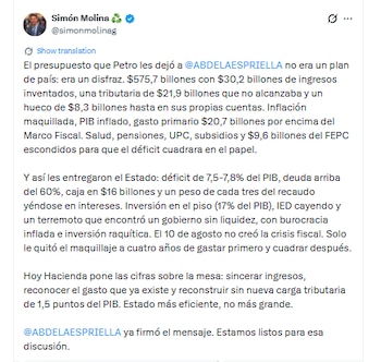 El congresista Simón Molina denunció que el presupuesto recibido por el gobierno de Abelardo de la Espriella arrastraba ingresos ficticios y gastos superiores al Marco Fiscal - crédito @simonmolinag/X