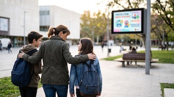 Una mujer camina de espaldas abrazando a dos adolescentes con mochilas cerca de una pantalla informativa en una plaza.