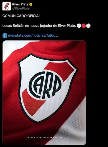 El comunicado de River para la oficialización del pase de Lucas Beltrán (@RiverPlate)