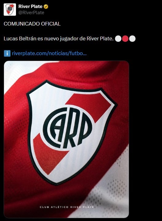 El comunicado de River para la oficialización del pase de Lucas Beltrán (@RiverPlate)