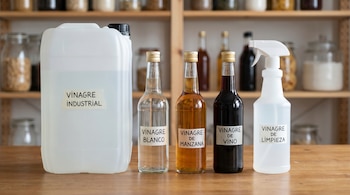 Contenedor de vinagre industrial, botellas de vinagre blanco, de manzana, de vino y pulverizador de vinagre de limpieza sobre una mesa de madera.
