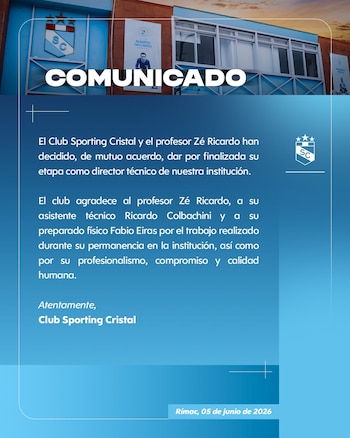 Comunicado sobre salida de Zé Ricardo de Sporting Cristal.