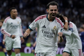 El jugador del Real Madrid Bernardo Silva celebrando su gol en Champions (EFE/EPA/JUANJO MARTIN)