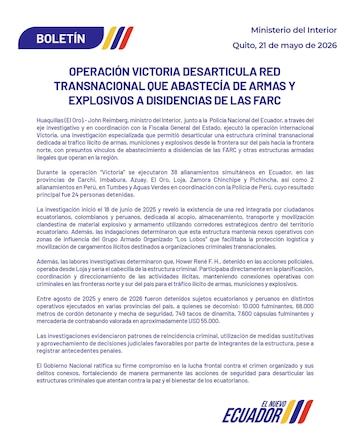 La investigación sobre el tráfico de armas en Ecuador se extendió durante 11 meses y ya había dejado 15 capturados entre agosto de 2025 y enero de 2026 - crédito @MinInteriorEc/X