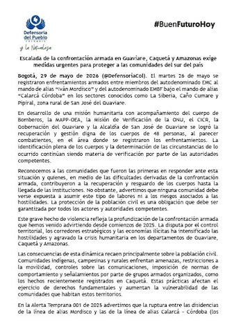 La Defensoría del Pueblo informó que el pasado 26 de mayo se produjeron enfrentamientos armados entre los grupos autodenominados EMC, bajo el mando de alias Iván Mordisco, y Embf, liderado por alias Calarcá, en zonas rurales de San José del Guaviare, lo que dejó un saldo de 48 cuerpos recuperados, según datos preliminares - crédito Defensoría del Pueblo