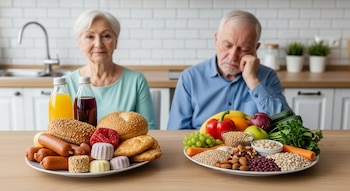 Una mesa con dos platos: uno con salchichas, pan y bebidas azucaradas, el otro con frutas, verduras, granos, nueces y legumbres. Dos adultos mayores al fondo.