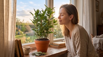 Mujer de perfil con los ojos cerrados junto a una maceta de laurel, libros, una taza y hojas secas sobre el alféizar de una ventana.
