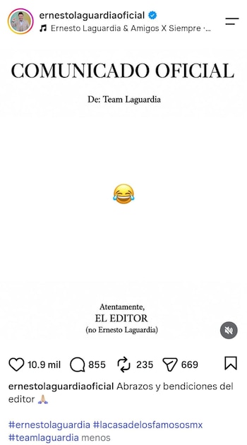 Captura de pantalla de una publicación en red social con comunicado oficial de Team Laguardia, un emoji de cara riendo y texto del editor