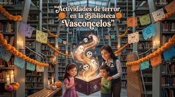 Ilustración de una mujer y dos niños leyendo un libro con figuras flotantes en una biblioteca decorada con flores de cempasúchil y papel picado.