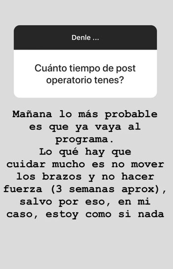 Captura de las historias de Juana Repetto en Instagram sobre su paso por el quirófano
