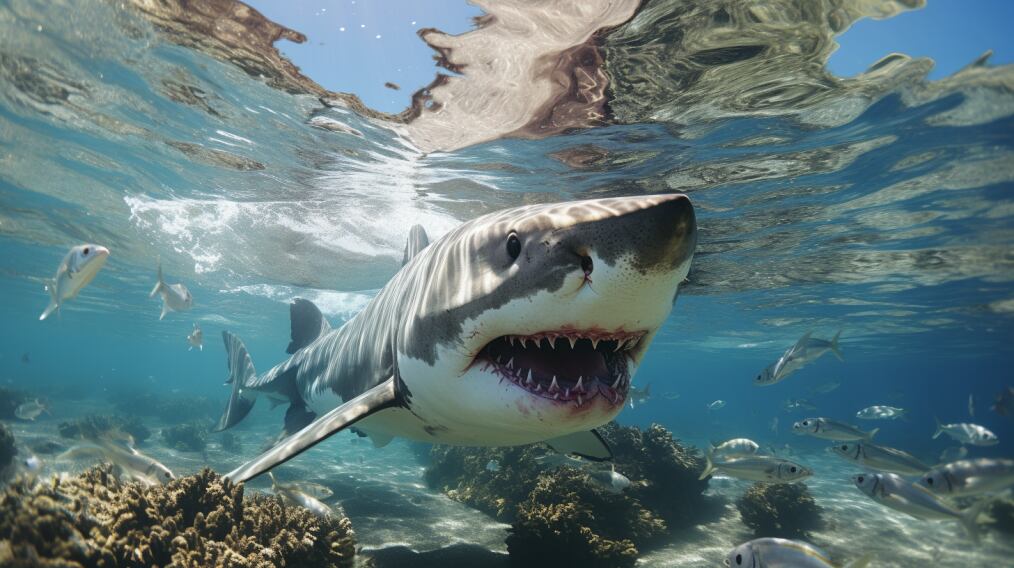 Fotografía submarina en primer plano de un tiburón con la boca abierta exponiendo sus afilados dientes (Imagen ilustrativa Infobae)