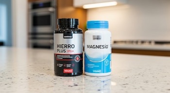 Dos frascos de suplementos, uno negro con la etiqueta "HIERRO PLUS" y otro blanco con la etiqueta "MAGNESIO", se ven en una mesada de cocina clara con fondo borroso.