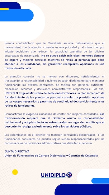 Unidiplo también cuestionó designaciones realizadas por el actual Gobierno en embajadas y consulados, mientras reiteró que la prioridad debe ser garantizar el personal necesario para atender a los colombianos en el exterior - crédito Unidiplo