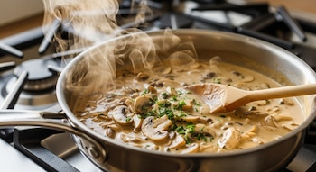 Primer plano de una sartén plateada sobre una estufa, conteniendo salsa cremosa de champiñones con perejil y vapor ascendente. Se ve una cuchara de madera.
