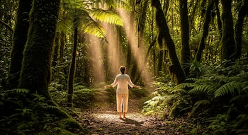 Persona de espaldas con ropa color crema y brazos abiertos en un sendero de hojas caídas en un bosque tropical denso, con helechos y musgo. Rayos de luz dorada atraviesan el follaje superior.