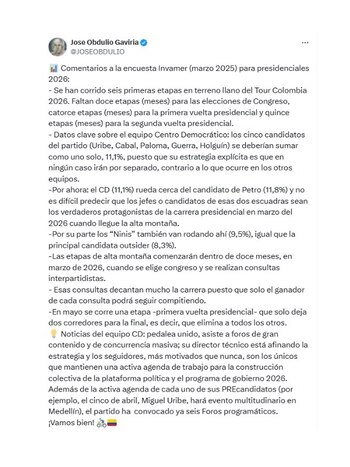 Con esta publicación, José Obdulio
