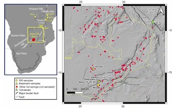 Mapa de localización (según Daly et al., 2020 ) de la zona extensional dentro de la Meseta de África Central de Zambia. El Rift de Kafue está conectado con los de Luano y Luangwa al NE, y la rama occidental del EARS en el de Rukwa (RRB) y la Provincia Volcánica de Rungwe (RVP)